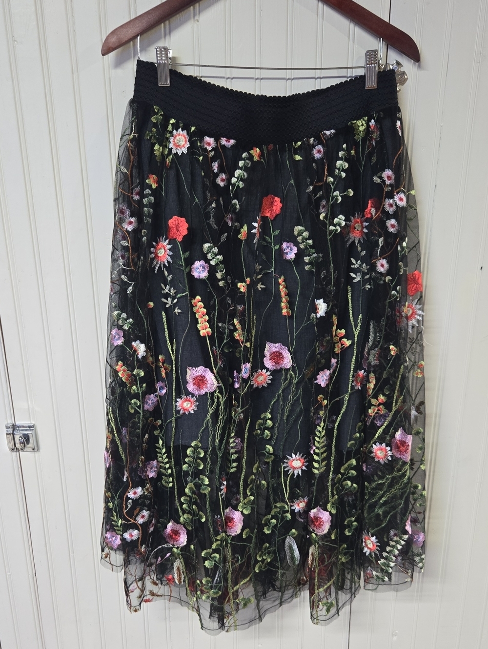 Embroidered Floral Midi Skirt - Black with Multicolor Florals